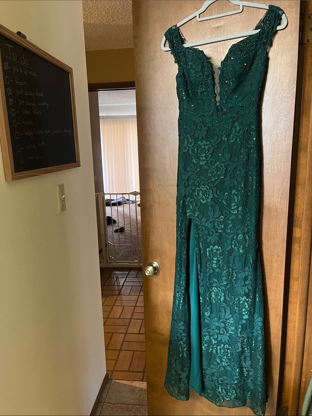 Off the shoulder Emerald Green Lace Evening Gown